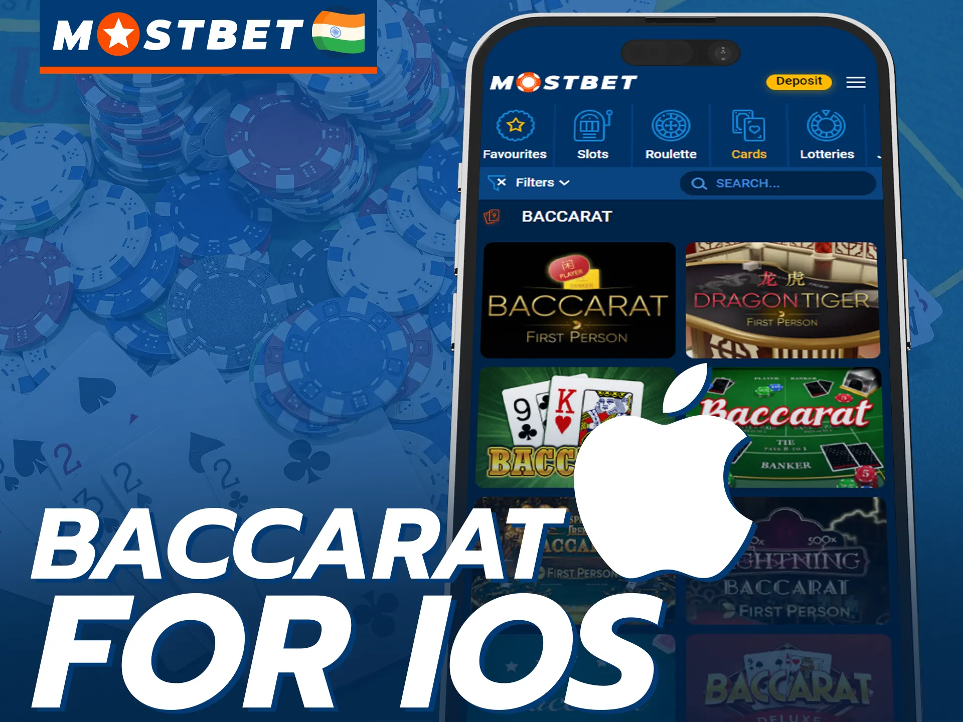 Download the Mostbet mobile app for iOS to play baccarat.