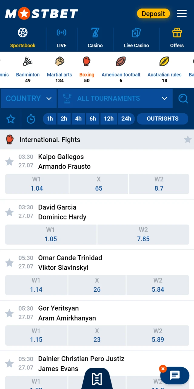 Mostbet provides a large boxing section that you can place bets on.