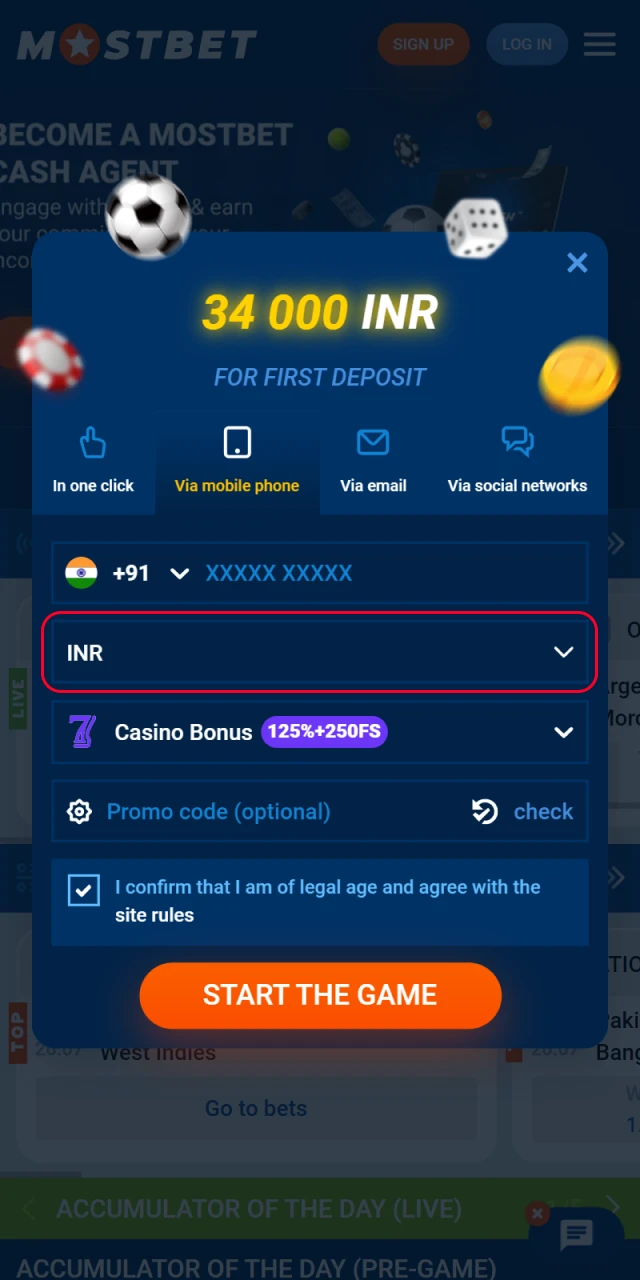 Select the currency in which you want to play at the Mostbet casino.