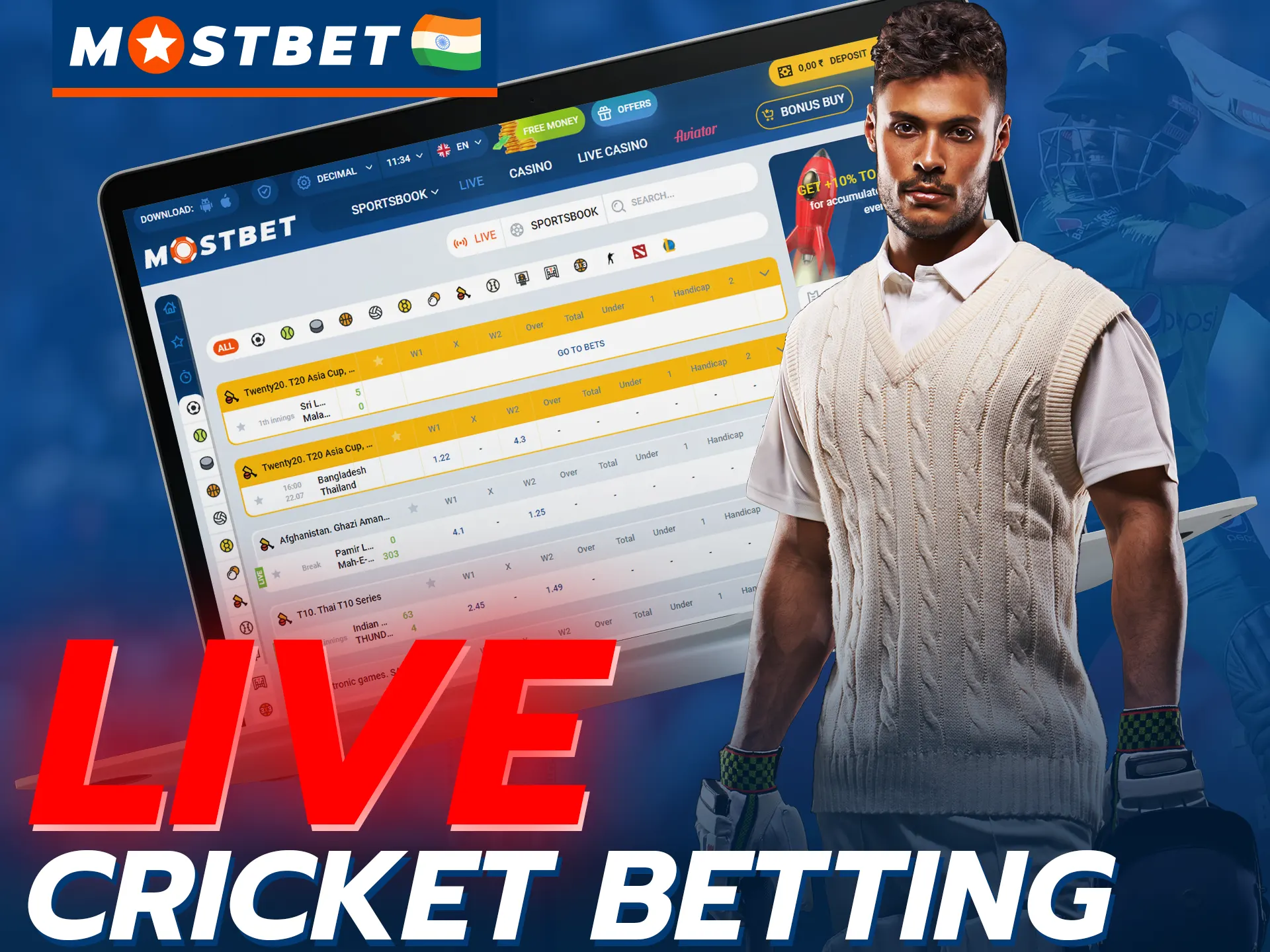 Place bets on live cricket matches at Mostbet.