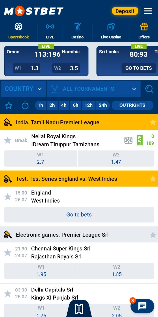 At Mostbet, find your favorite cricket match that you want to bet on.