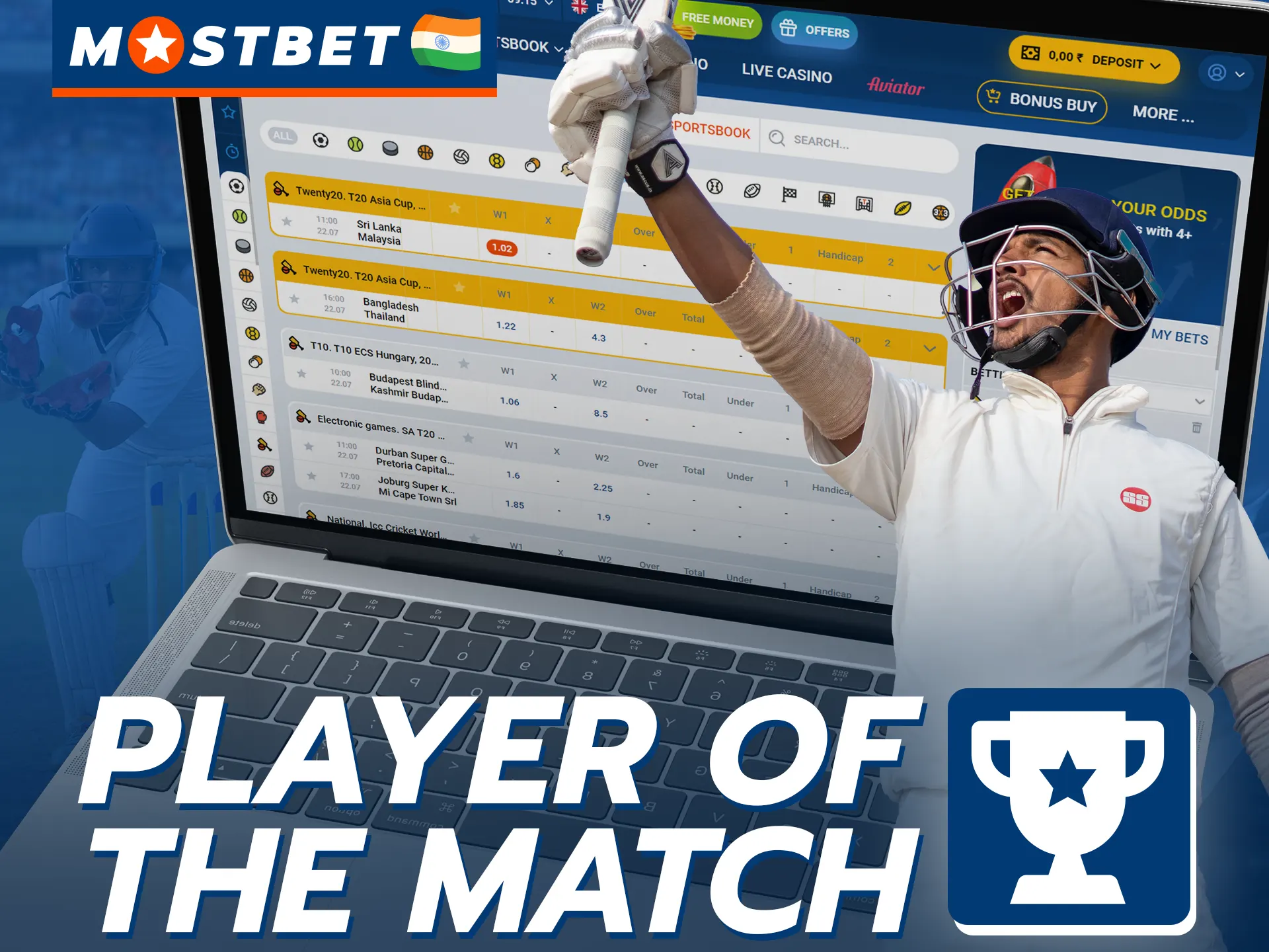 At Mostbet, place a bet on the player who will be awarded the title of Player of the Match.