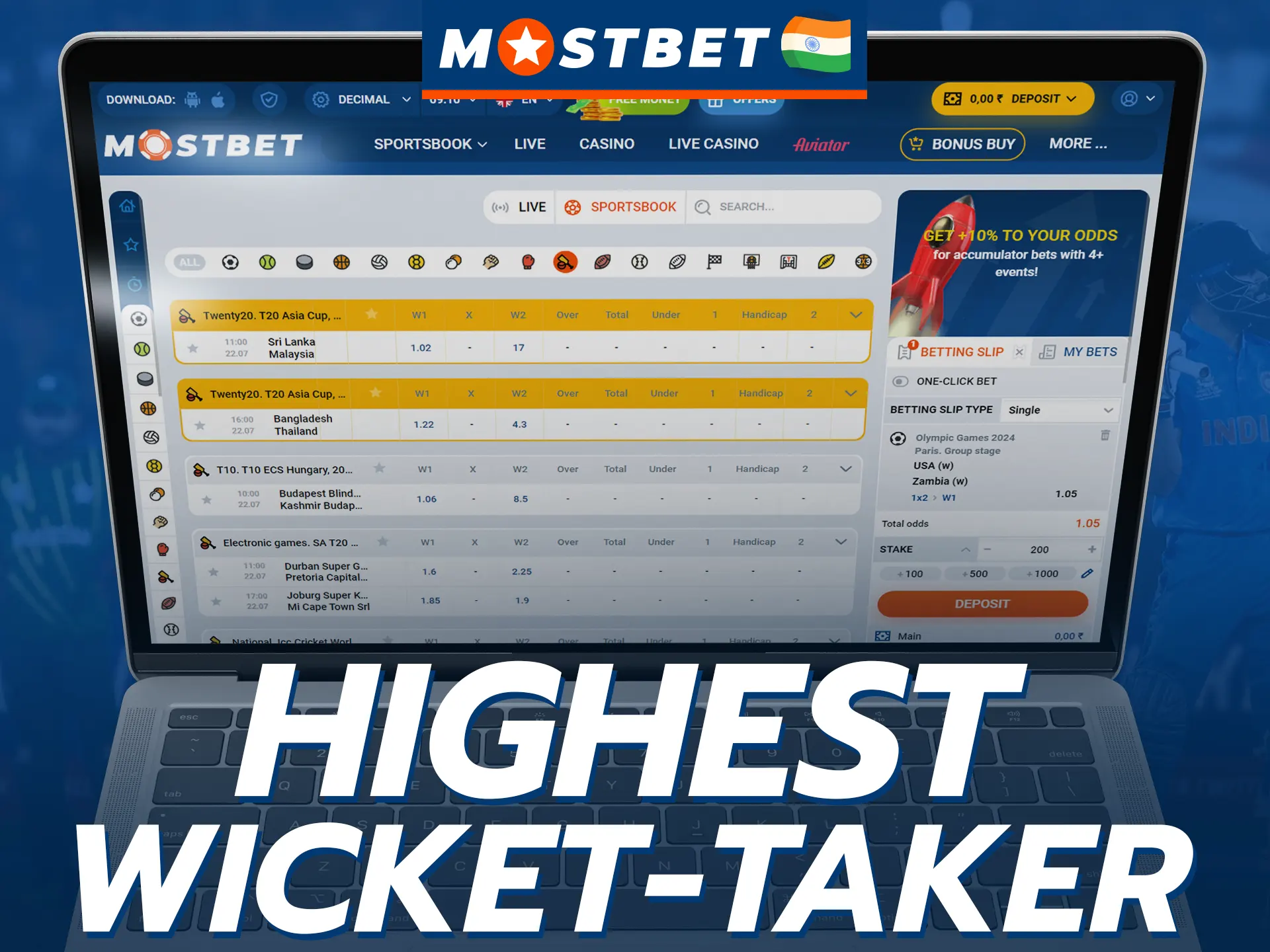 Predict which player will take the most wickets in the match and place a bet on him at Mostbet.