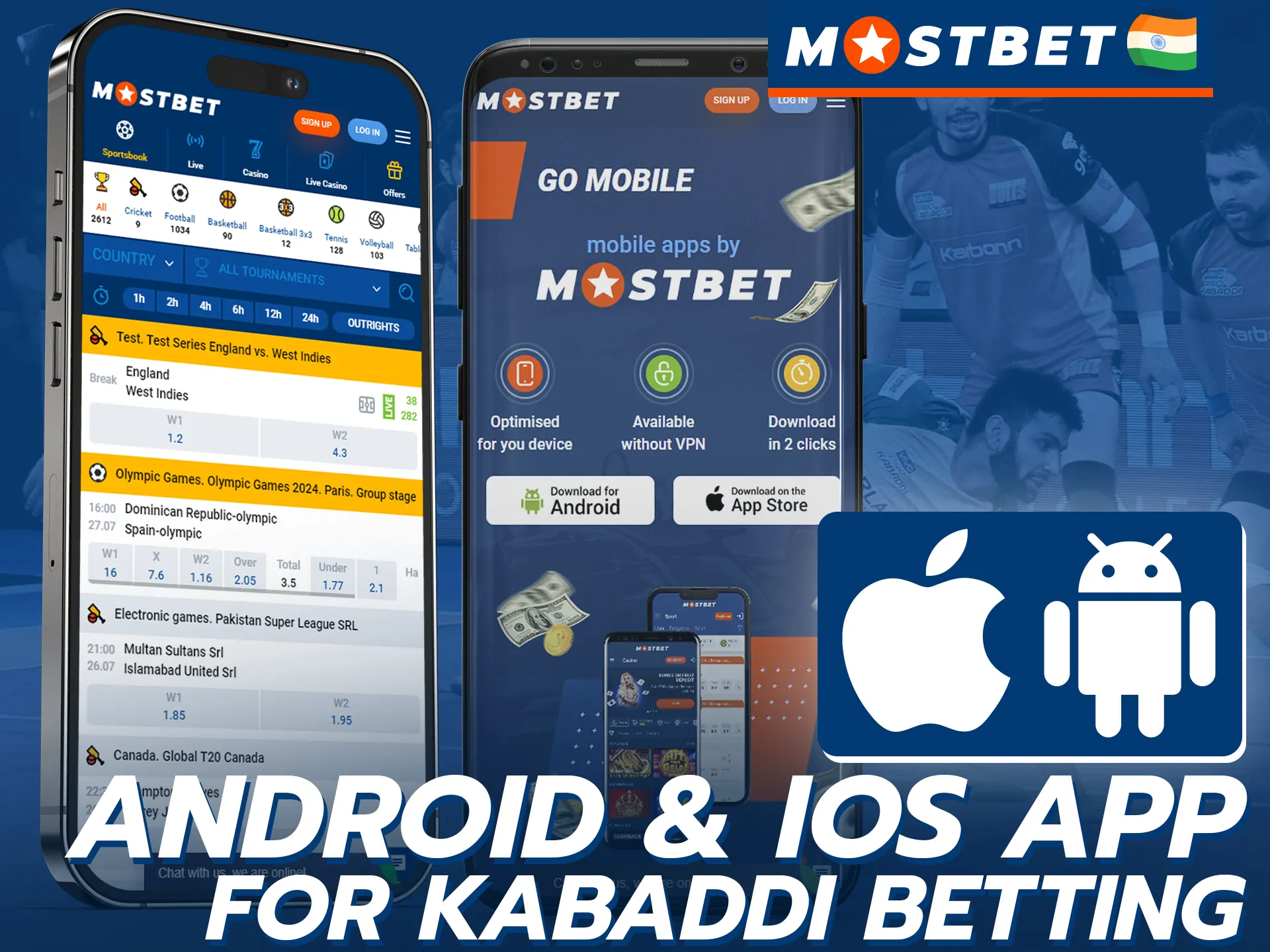 Place bets on kabaddi using the Mostbet mobile app for Android and iOS.