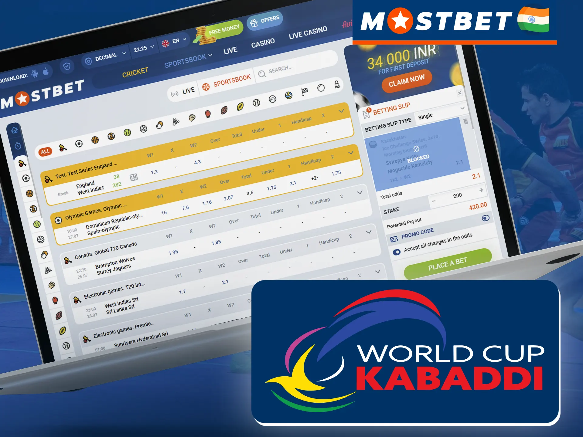 If you have a favorite team for the Kabaddi World Cup, you can bet on them at Mostbet.