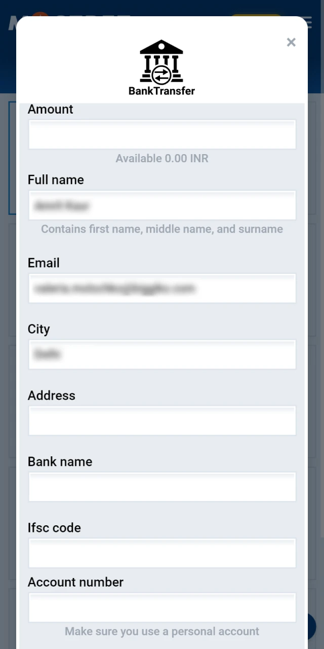 To withdraw funds to Mostbet, you need to fill in the fields with important information.