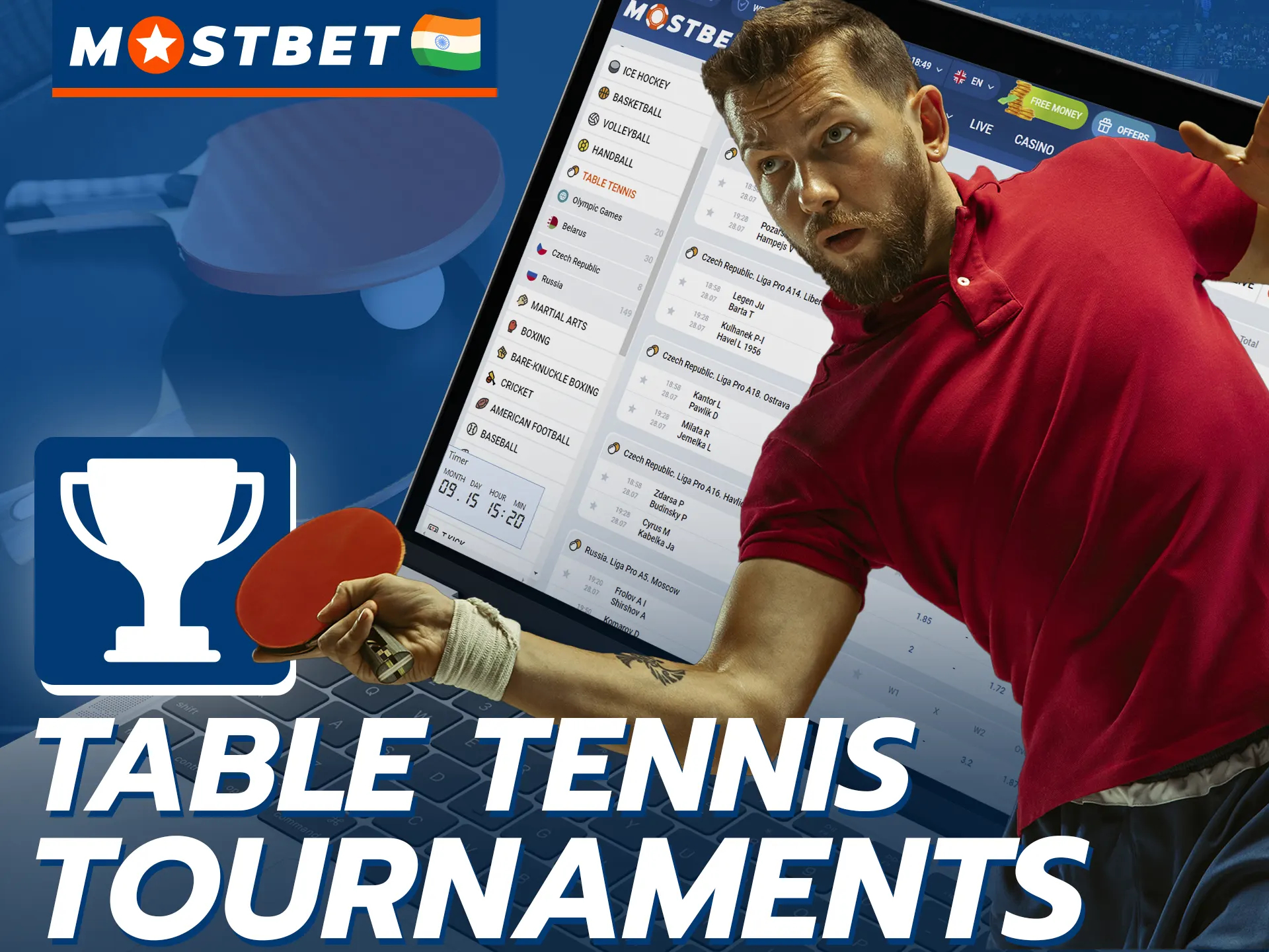 In Mostbet you will find many different popular table tennis tournaments.