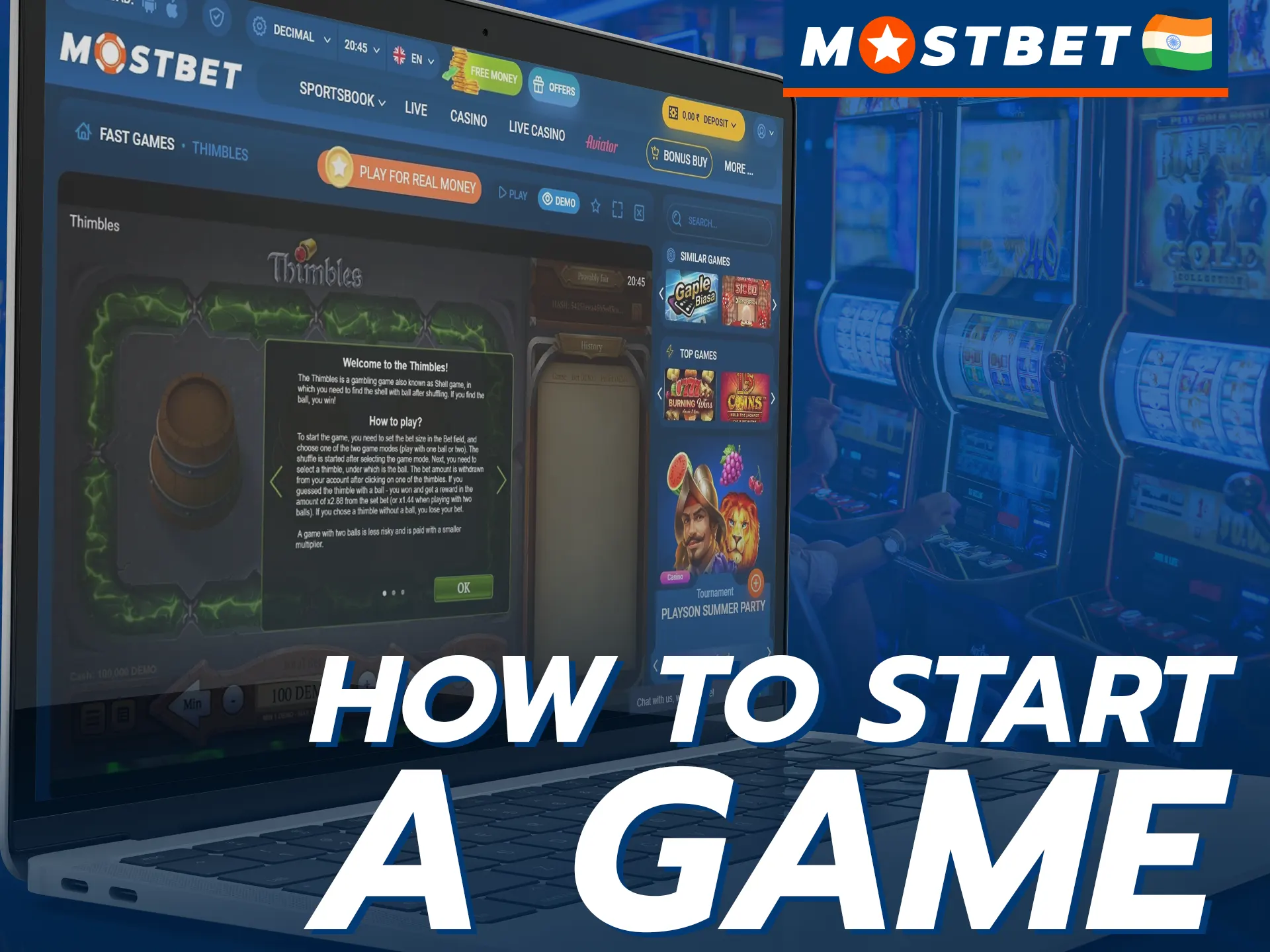 Follow these steps to start playing Thimbles on Mostbet.