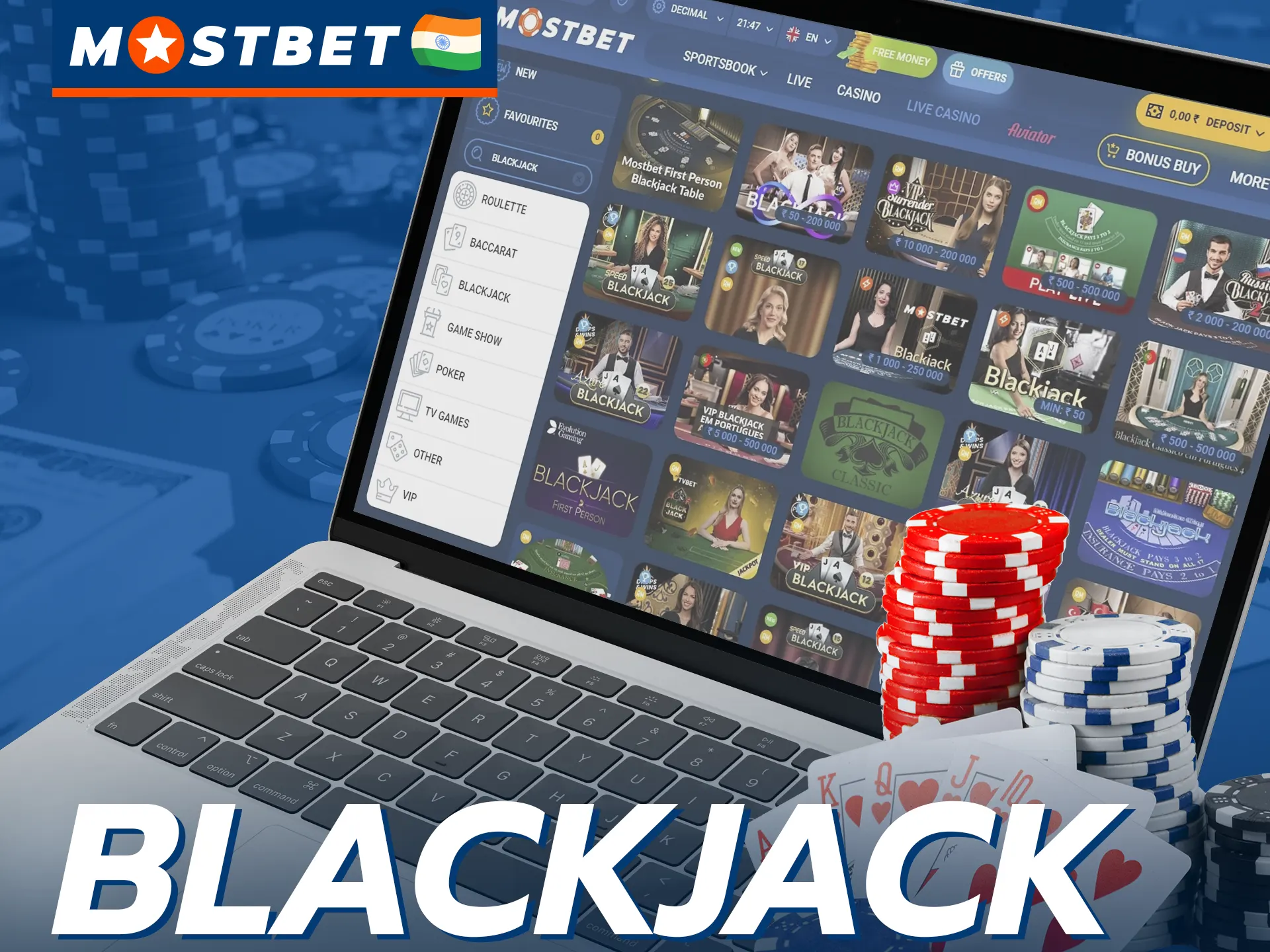 Play blackjack in the live section of Mostbet Casino.