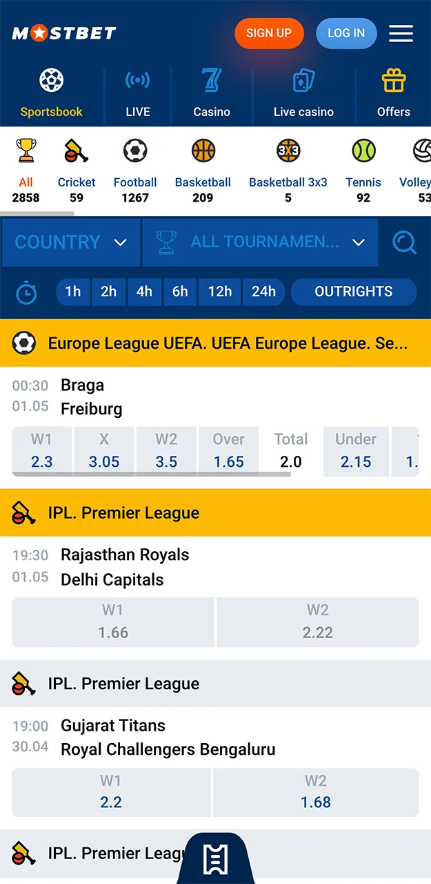 Betting on popular sports in the Mostbet app.